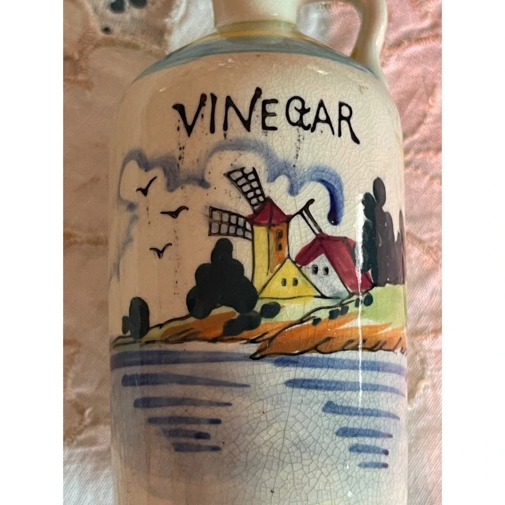 Vintage Made in Japan Ceramic Vinegar Cruet Windmill Hand Painted Jug with Cork